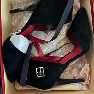 Charles Jourdan black suede ankle strap heels